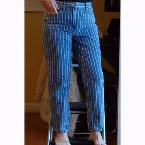 American Eagle Mom Jeans  Blue White Pin Stripe High Waist Med Wash Ankle  8R M